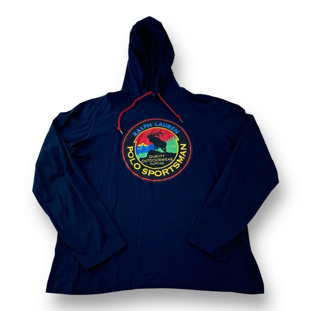 Polo‎ Ralph Lauren Long Sleeve Cotton Graphic Hooded Lightweight Shirt Blue Med - Picture 2 of 5